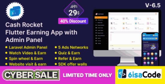 Online Earning App – Cash Rocket v6.6 Flutter Online Earning App with Admin Panel